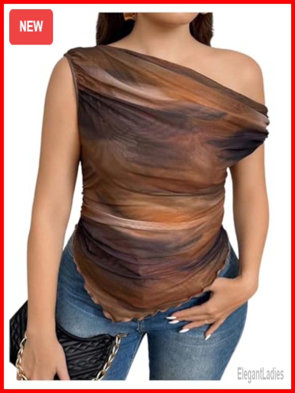 Plus Size One Shoulder Tie Dye Mesh Ruched Asymmetrical Top